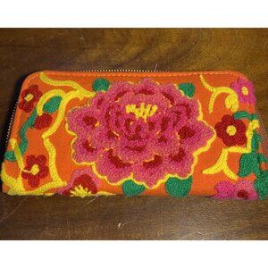 Embroidered Zip Around Wallet 8x4 Orange, Pink Boho Joyful 8"x4"